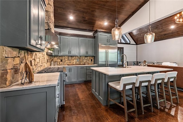 453 Settlers Ridge Rd, Ellijay, GA 30540 - kitchen with appliances with stainless steel finishes, wooden ceiling, gray cabinetry, lofted ceiling, and light stone counters