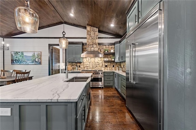 453 Settlers Ridge Rd, Ellijay, GA 30540 - kitchen with premium appliances, gray cabinets, lofted ceiling, dark wood-type flooring, and light stone countertops