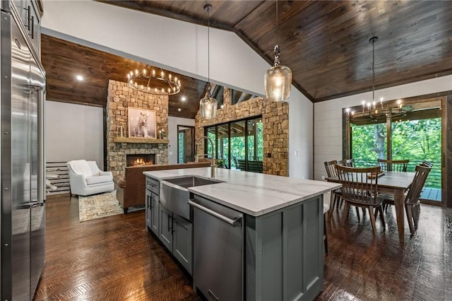 453 Settlers Ridge Rd, Ellijay, GA 30540 - kitchen featuring a chandelier, gray cabinets, appliances with stainless steel finishes, wood ceiling, and a fireplace