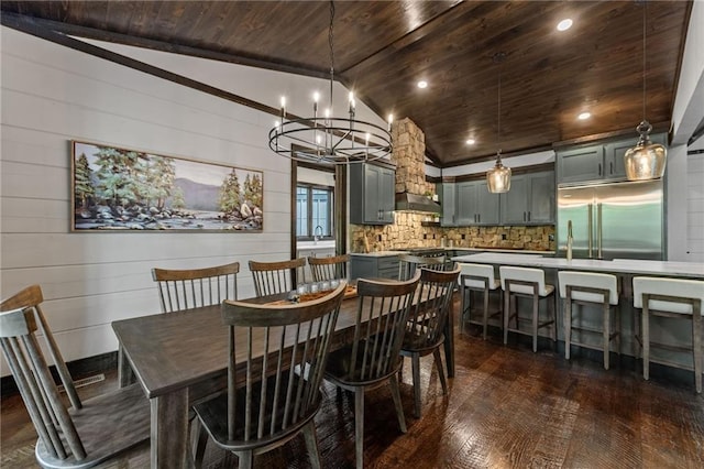 453 Settlers Ridge Rd, Ellijay, GA 30540 - dining space with wooden ceiling, lofted ceiling, dark wood-style floors, and a chandelier