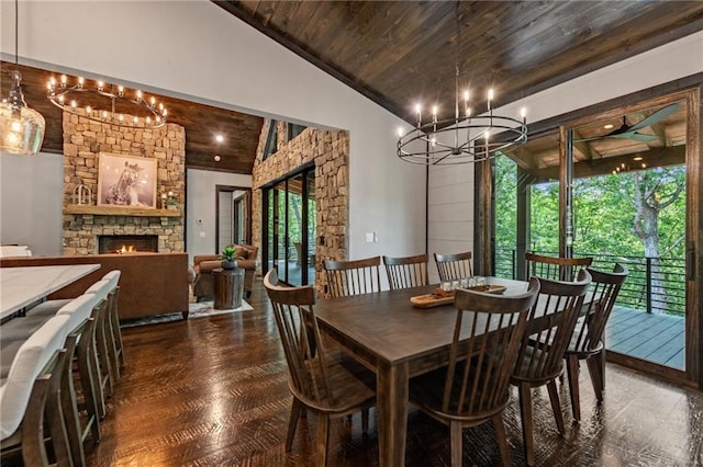 453 Settlers Ridge Rd, Ellijay, GA 30540 - dining space featuring a chandelier, wood ceiling, a fireplace, healthy amount of natural light, and high vaulted ceiling