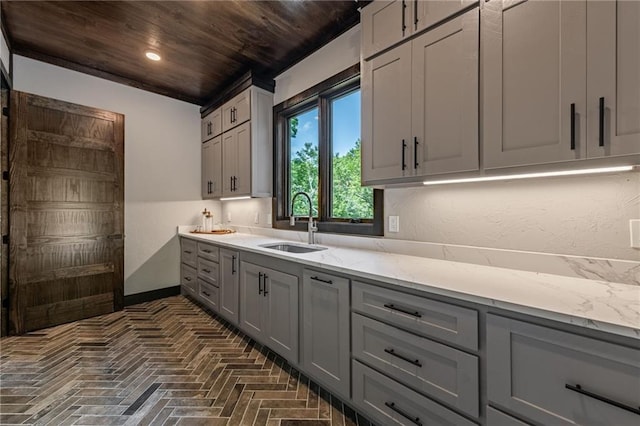 453 Settlers Ridge Rd, Ellijay, GA 30540 - kitchen featuring gray cabinets, brick flooring, wooden ceiling, light stone counters, and recessed lighting
