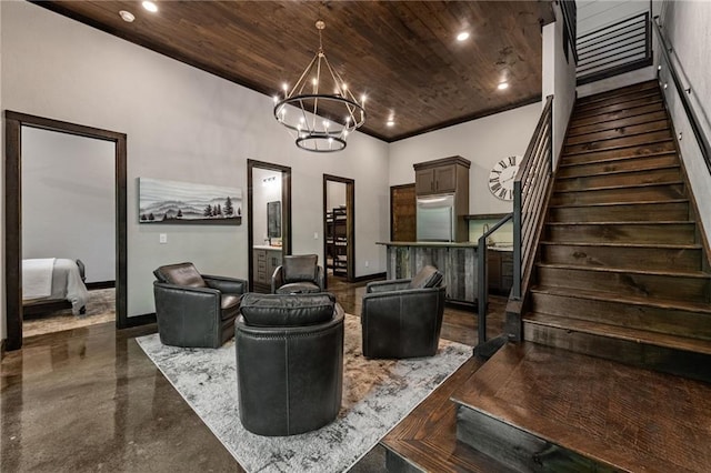 453 Settlers Ridge Rd, Ellijay, GA 30540 - living room with wood ceiling, stairway, a chandelier, and recessed lighting