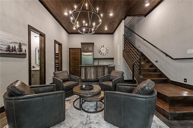 453 Settlers Ridge Rd, Ellijay, GA 30540 - living area featuring stairs, a chandelier, wood ceiling, and recessed lighting