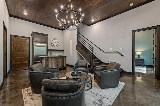 453 Settlers Ridge Rd, Ellijay, GA 30540 - living area featuring finished concrete floors, a chandelier, stairway, and wooden ceiling