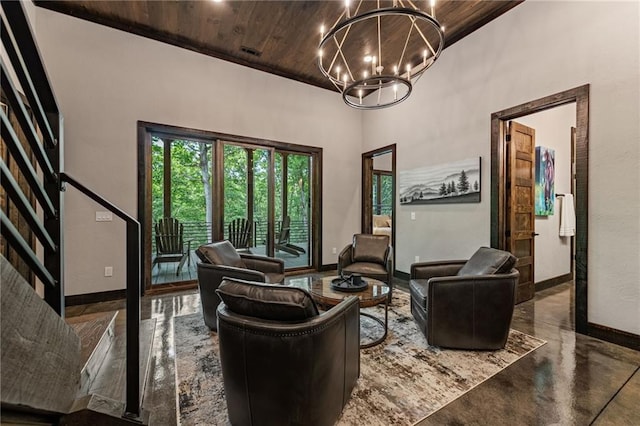 453 Settlers Ridge Rd, Ellijay, GA 30540 - sitting room with a chandelier, wood ceiling, finished concrete floors, a high ceiling, and stairway