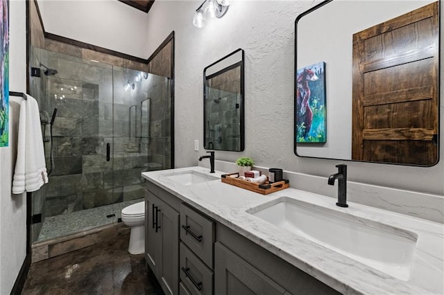 453 Settlers Ridge Rd, Ellijay, GA 30540 - bathroom with double vanity, a shower stall, a textured wall, and concrete floors