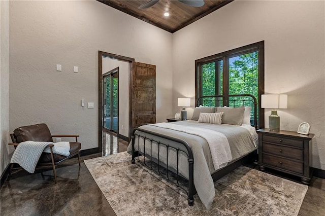 453 Settlers Ridge Rd, Ellijay, GA 30540 - bedroom featuring wooden ceiling, access to outside, a textured wall, and a ceiling fan