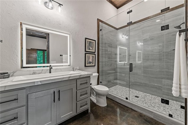 453 Settlers Ridge Rd, Ellijay, GA 30540 - full bath with a textured wall, vanity, finished concrete floors, and a stall shower