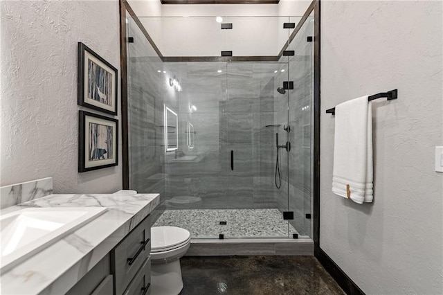453 Settlers Ridge Rd, Ellijay, GA 30540 - bathroom featuring a textured wall, vanity, concrete floors, and a shower stall
