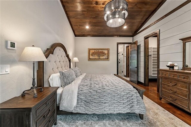 453 Settlers Ridge Rd, Ellijay, GA 30540 - bedroom with vaulted ceiling, wooden ceiling, wood finished floors, and a chandelier
