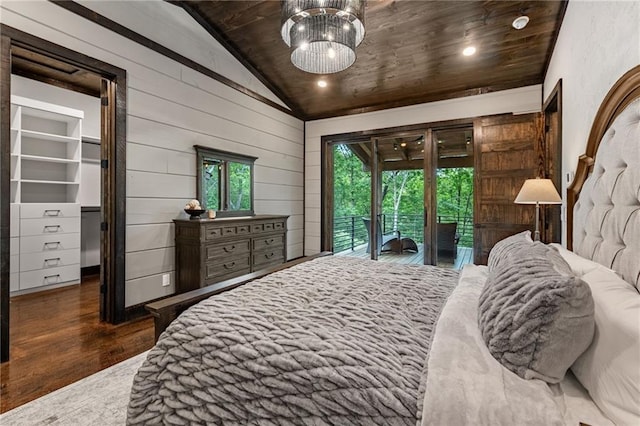 453 Settlers Ridge Rd, Ellijay, GA 30540 - bedroom with vaulted ceiling, wood ceiling, wood finished floors, access to outside, and wooden walls