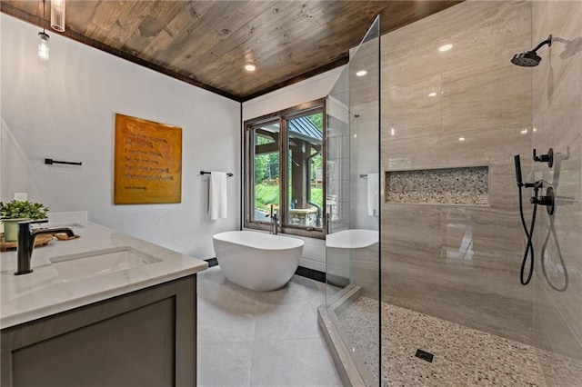 453 Settlers Ridge Rd, Ellijay, GA 30540 - bathroom featuring tiled shower, wood ceiling, a soaking tub, and vanity