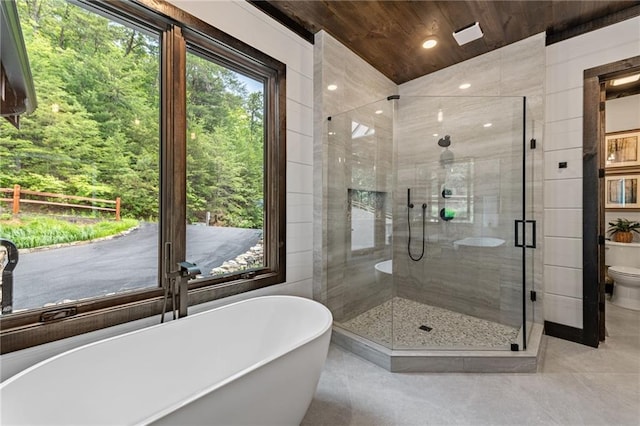 453 Settlers Ridge Rd, Ellijay, GA 30540 - bathroom with a soaking tub, a shower stall, wood ceiling, and recessed lighting