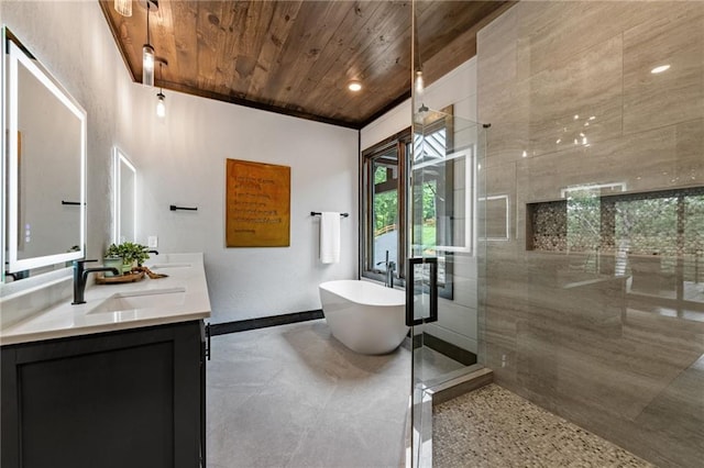 453 Settlers Ridge Rd, Ellijay, GA 30540 - bathroom featuring wooden ceiling, double vanity, a freestanding tub, tiled shower, and recessed lighting