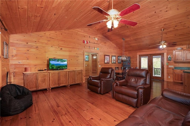 709 Deerfield Ln NW, Sugar Valley, GA 30746 - living area with ceiling fan, wooden walls, light wood-style flooring, wood ceiling, and high vaulted ceiling