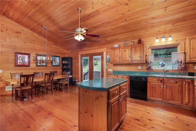 709 Deerfield Ln NW, Sugar Valley, GA 30746 - kitchen featuring dishwasher, wooden walls, vaulted ceiling, light wood finished floors, and ceiling fan