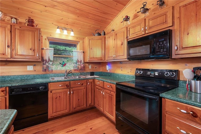709 Deerfield Ln NW, Sugar Valley, GA 30746 - kitchen with black appliances, vaulted ceiling, light wood-style flooring, wood ceiling, and dark countertops