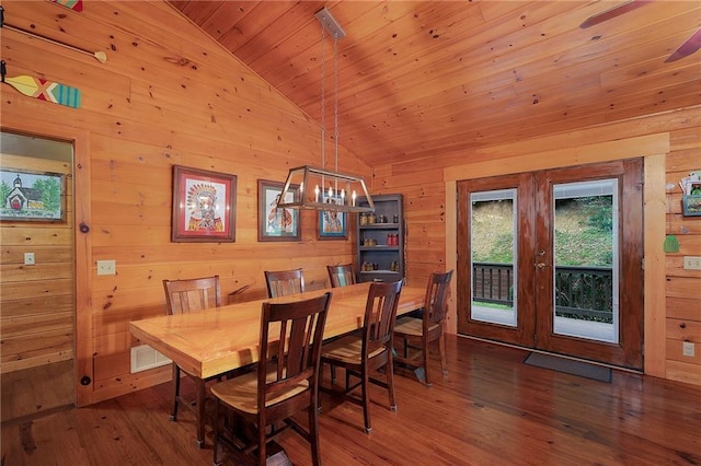 709 Deerfield Ln NW, Sugar Valley, GA 30746 - dining space with lofted ceiling, wooden ceiling, wood walls, wood-type flooring, and french doors
