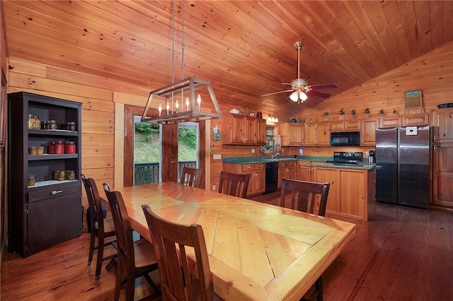 709 Deerfield Ln NW, Sugar Valley, GA 30746 - dining area featuring vaulted ceiling, wooden walls, wood-type flooring, a ceiling fan, and wood ceiling