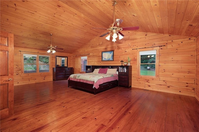 709 Deerfield Ln NW, Sugar Valley, GA 30746 - bedroom with lofted ceiling, hardwood / wood-style flooring, wood walls, and wooden ceiling