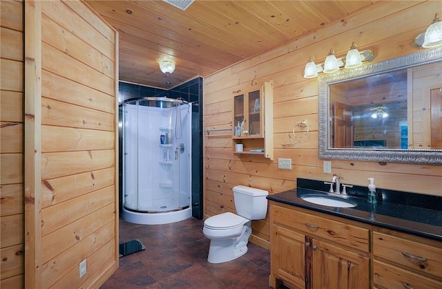 709 Deerfield Ln NW, Sugar Valley, GA 30746 - full bath with wood walls, a stall shower, wood ceiling, and vanity