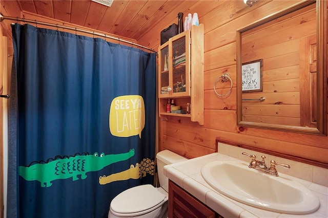 709 Deerfield Ln NW, Sugar Valley, GA 30746 - bathroom with wood walls, vanity, wood ceiling, and curtained shower