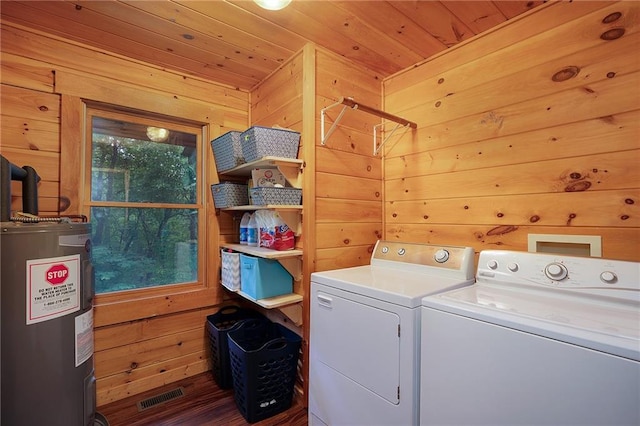 709 Deerfield Ln NW, Sugar Valley, GA 30746 - washroom with electric water heater, washing machine and clothes dryer, wood walls, wooden ceiling, and wood finished floors
