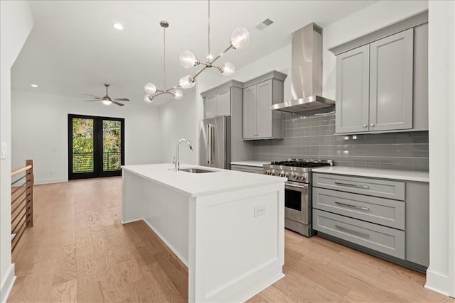 kitchen with wall chimney range hood, decorative backsplash, a kitchen island with sink, gray cabinetry, and high quality appliances