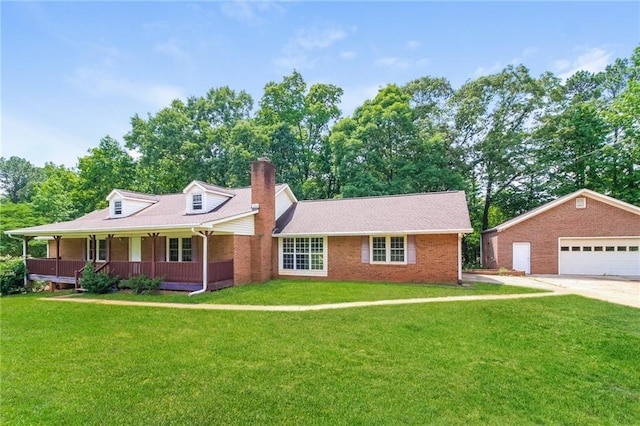 263 Austin Rd, Stockbridge, GA 30281 - view of front facade featuring a porch, a chimney, a front yard, a detached garage, and brick siding