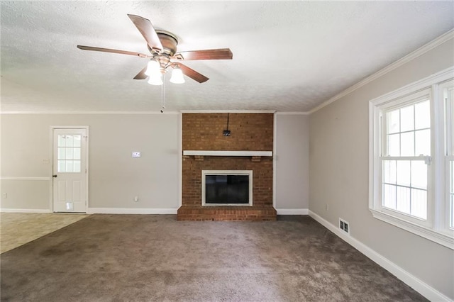 263 Austin Rd, Stockbridge, GA 30281 - unfurnished living room featuring carpet flooring, a textured ceiling, ceiling fan, and visible vents