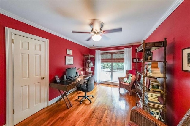 2889 Mount Olive Dr, Decatur, GA 30033 - home office featuring a ceiling fan, wood finished floors, crown molding, and baseboards