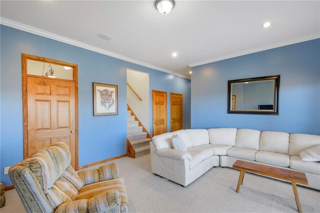 living area with light colored carpet, visible vents, baseboards, stairway, and crown molding