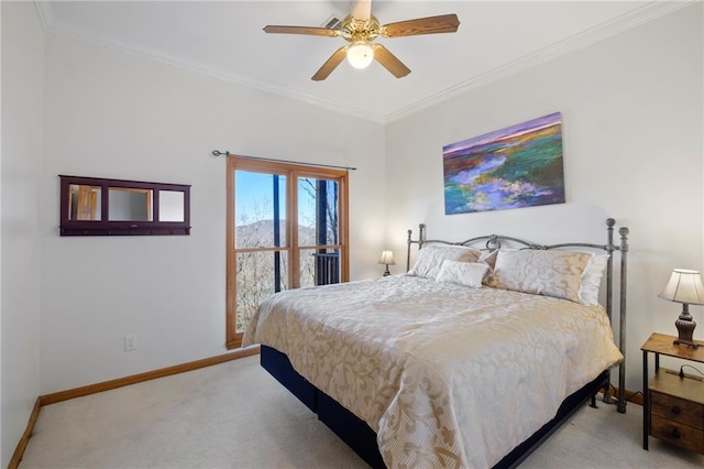 bedroom with ornamental molding, light colored carpet, ceiling fan, and baseboards