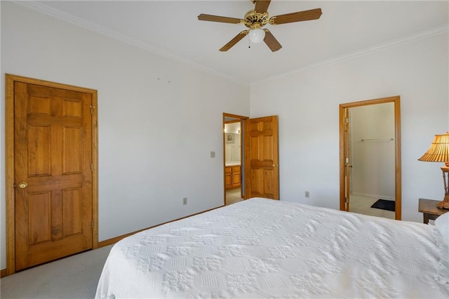 bedroom with ornamental molding, light colored carpet, ceiling fan, and baseboards