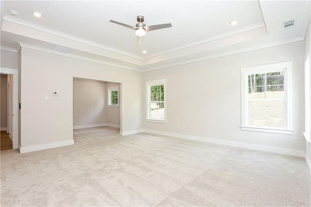 spare room with ornamental molding, light colored carpet, a raised ceiling, and a healthy amount of sunlight