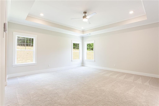 spare room with light carpet, baseboards, crown molding, and a tray ceiling