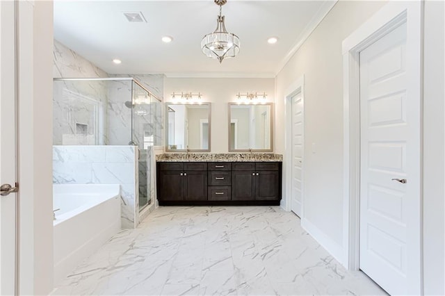 bathroom featuring visible vents, a marble finish shower, recessed lighting, a garden tub, and marble finish floor