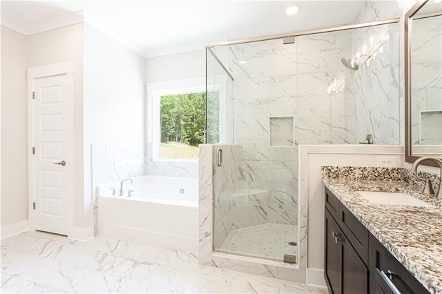 bathroom featuring a marble finish shower, ornamental molding, a bath, marble finish floor, and vanity