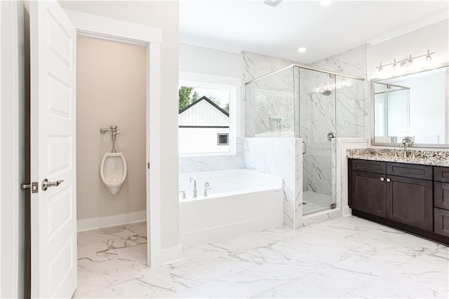 full bath with a garden tub, marble finish floor, a marble finish shower, baseboards, and vanity