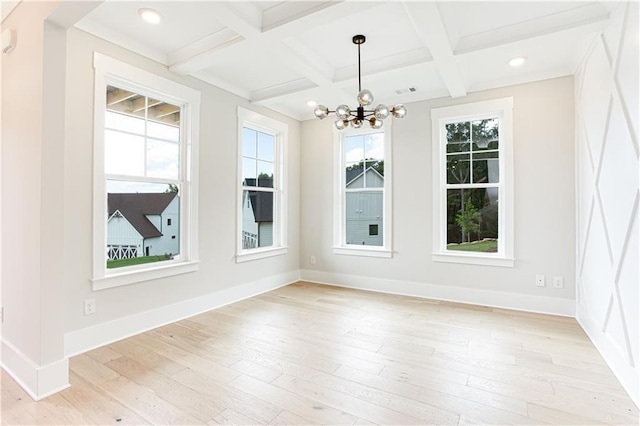 unfurnished dining area with beamed ceiling, baseboards, coffered ceiling, and light wood finished floors