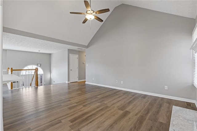 unfurnished living room with dark hardwood / wood-style flooring, high vaulted ceiling, and ceiling fan