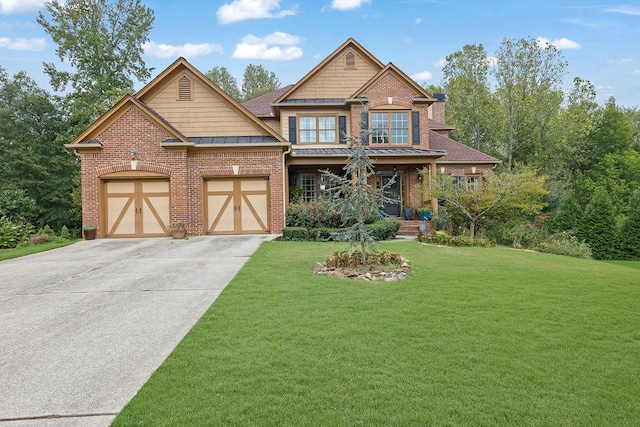 craftsman inspired home featuring a front lawn, a porch, and a garage