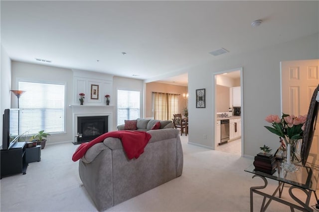 living room with light colored carpet