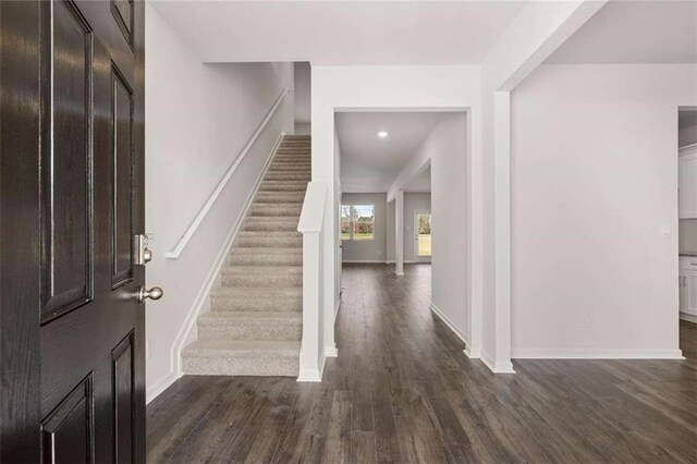 5430 Flat Rock Pt, Stonecrest, GA 30038 - foyer entrance featuring stairs, dark wood-type flooring, baseboards, and recessed lighting