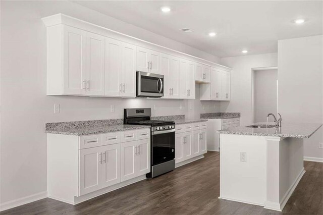 5430 Flat Rock Pt, Stonecrest, GA 30038 - kitchen with appliances with stainless steel finishes, a sink, dark wood-style flooring, light stone counters, and recessed lighting