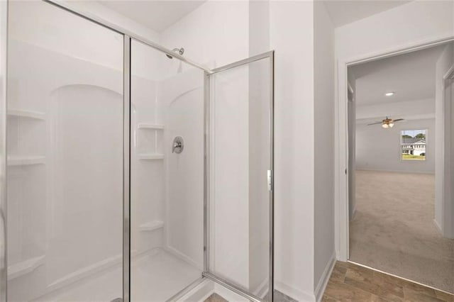 5430 Flat Rock Pt, Stonecrest, GA 30038 - full bath featuring a stall shower, a ceiling fan, and recessed lighting