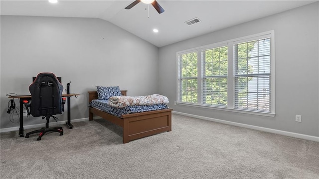 3525 Elder Field Ln, Cumming, GA 30040 - bedroom with lofted ceiling, baseboards, carpet floors, recessed lighting, and a ceiling fan