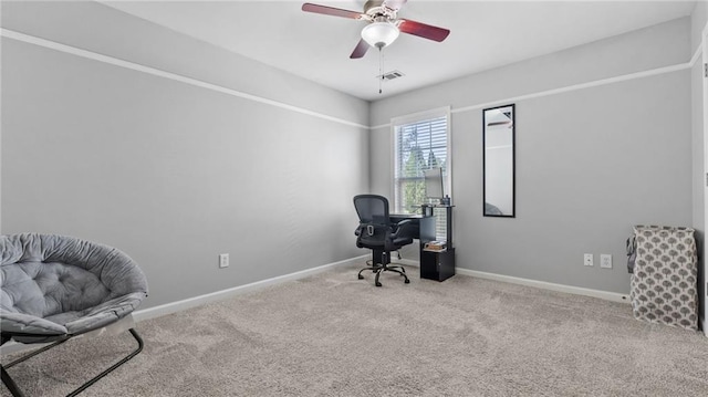 3525 Elder Field Ln, Cumming, GA 30040 - home office with carpet floors, a ceiling fan, and baseboards