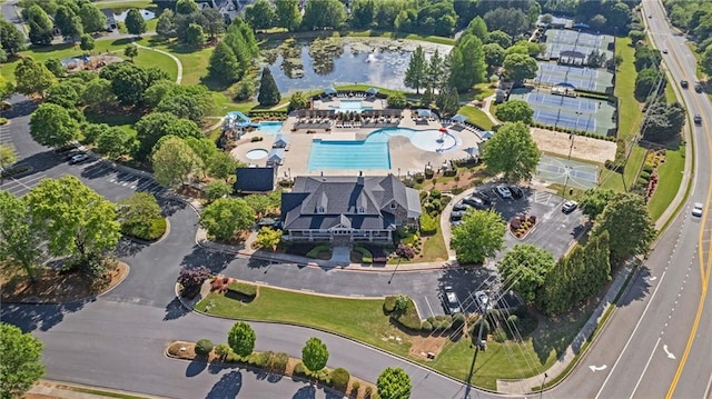 3525 Elder Field Ln, Cumming, GA 30040 - aerial overview of property's location with a pool and a large body of water